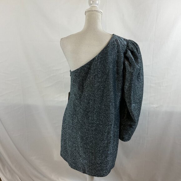 Happy Nature One Shoulder Dress XL Gray Blue Sparkle Metallic Long Sleeve Lined - Picture 8 of 12